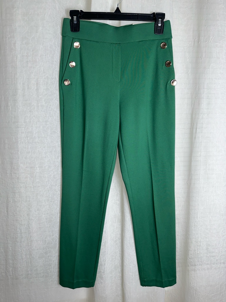 J & L Xs Green Gold Tone Buttoned Pockets Ponte Knit Pull On Slim Ankle Pants